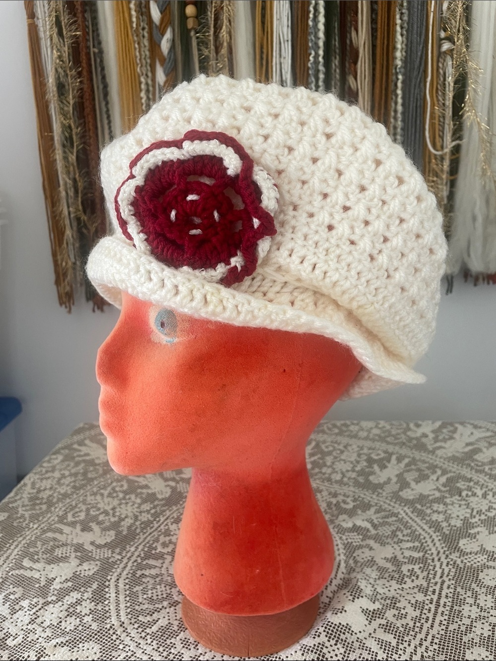Elegant Cream Crochet Hat with Red flower Accent handmade new